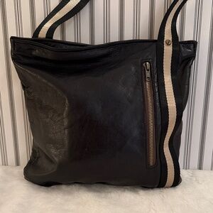 Spencer Devine Black Leather Shoulder Bag with Striped Strap